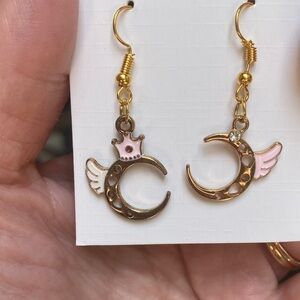 Gold and Pink Crescent Moon Earrings